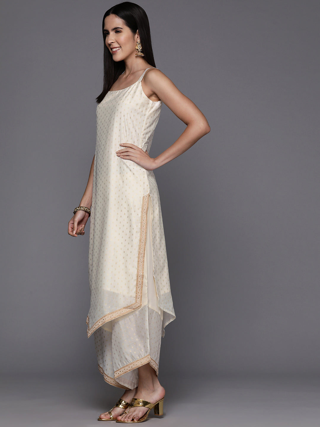Off White Printed Kurta and Palazzo Set - Chanderi Silk