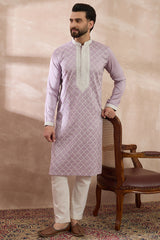 Lavender Silk Blend Embroidered Mandarin Collar Straight Kurta With Trouser MKSET1690
