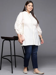 Off White Plus Size Mandarin Collar Printed Pure Cotton Tunic-AP-AHTUCOPG-8060