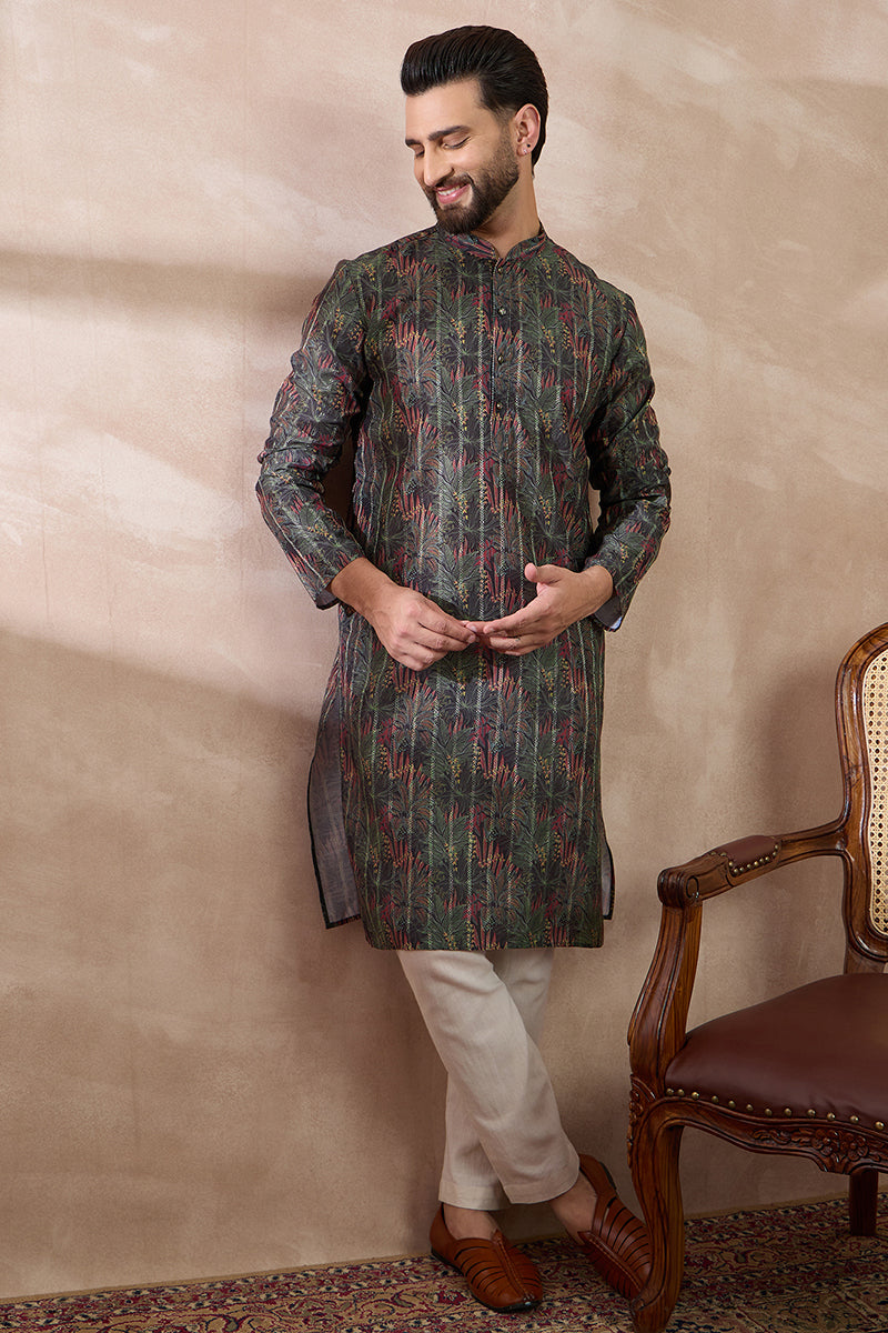 Black Silk Blend Printed Mandarin Collar Straight Kurta MKU2097