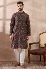Black Silk Blend Embroidered Mandarin Collar Straight Kurta MKU2096