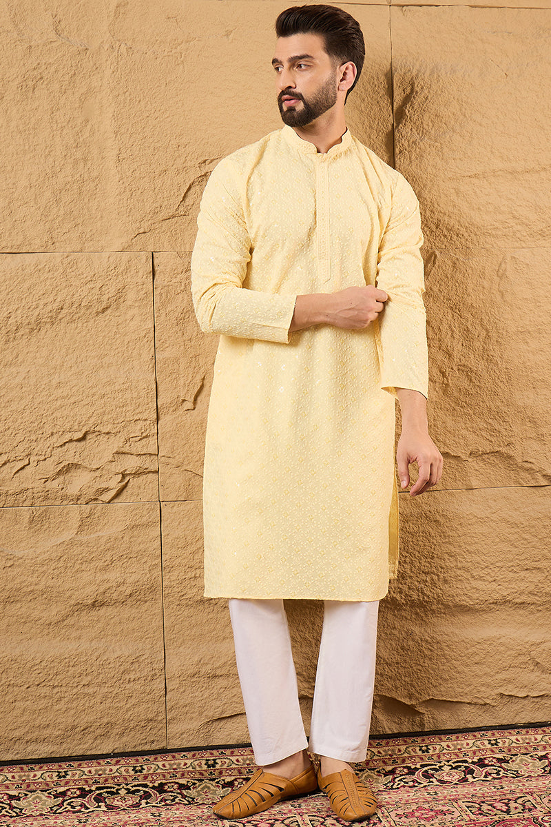 Yellow Rayon Blend Solid Embroidered Straight Kurta MKU1218