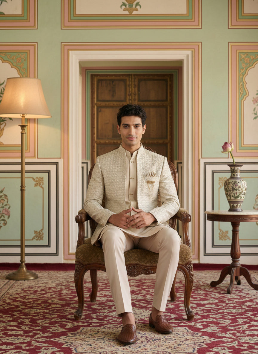 DesiQlo Men Embroidered Indo Western Set - Beige - 50JIND_131Cream_S