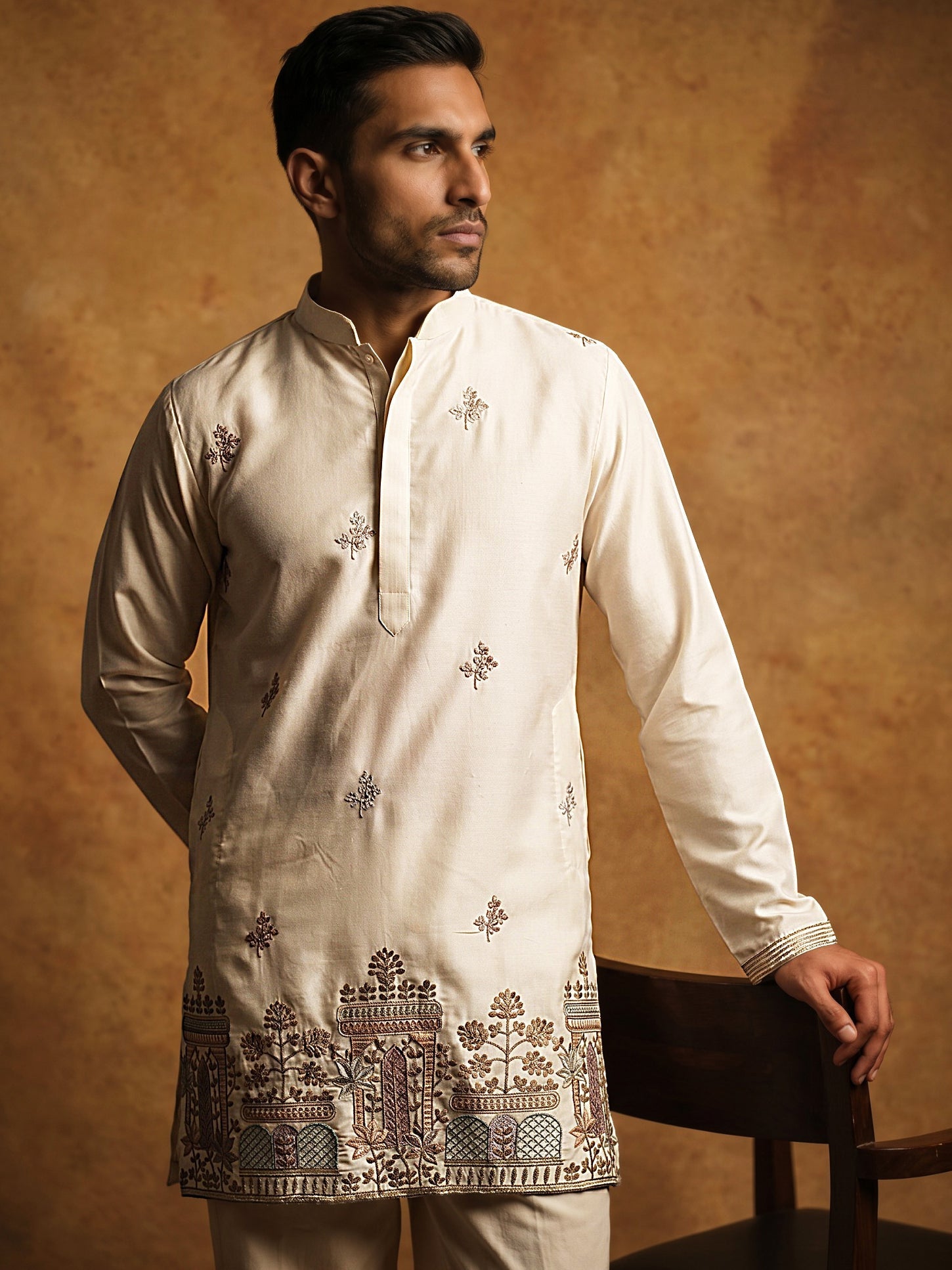 DesiQlo Men Embroidered Kurta Pyjama Set - Beige - 65KP_PJ11W_5599Crea