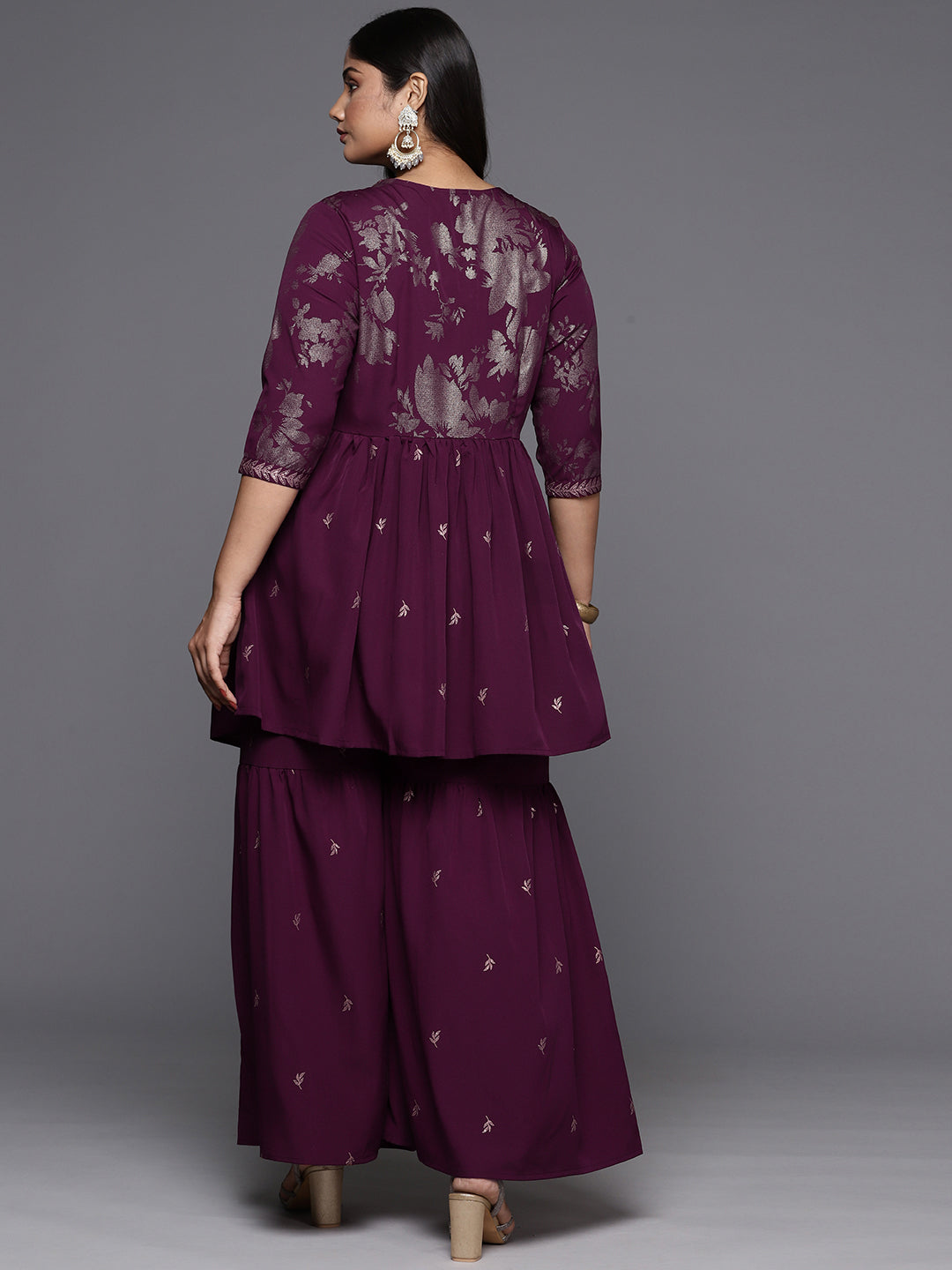 Plus Size Burgundy Sharara Set | Floral Sharara Suits
