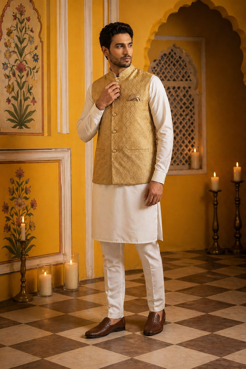 DesiQlo Men Woven Design Nehru Jacket and Kurta Pyjama  - JOKPWC_636W_