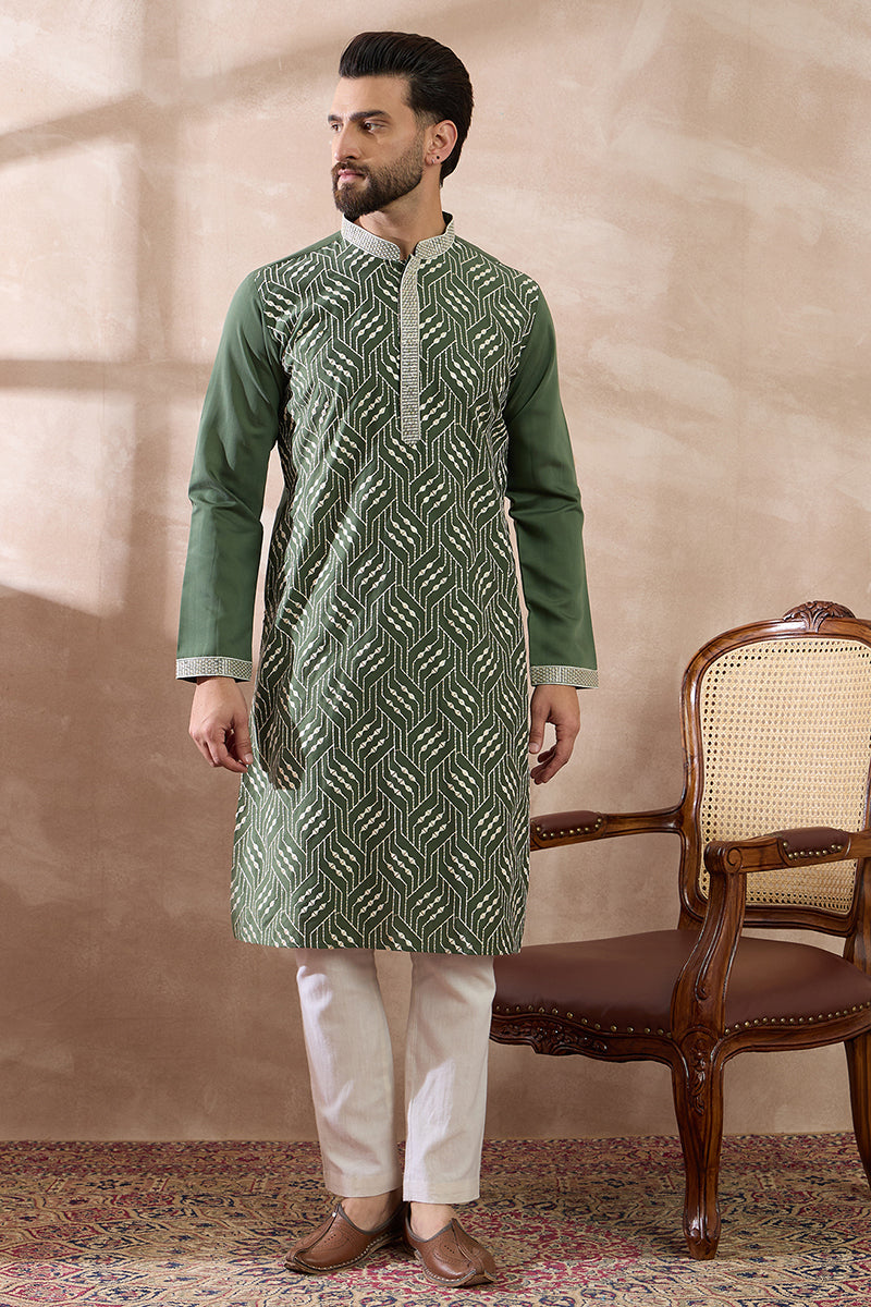 Green Silk Blend Embroidered Mandarin Collar Straight Kurta MKU2081