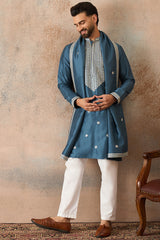 Blue Silk Blend Solid Embroidered Kurta And Trouser With Dupatta MKPD1048
