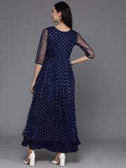 Navy Blue Polka Dot Print Net A-Line Maxi Dress-AHEDNTFP-168