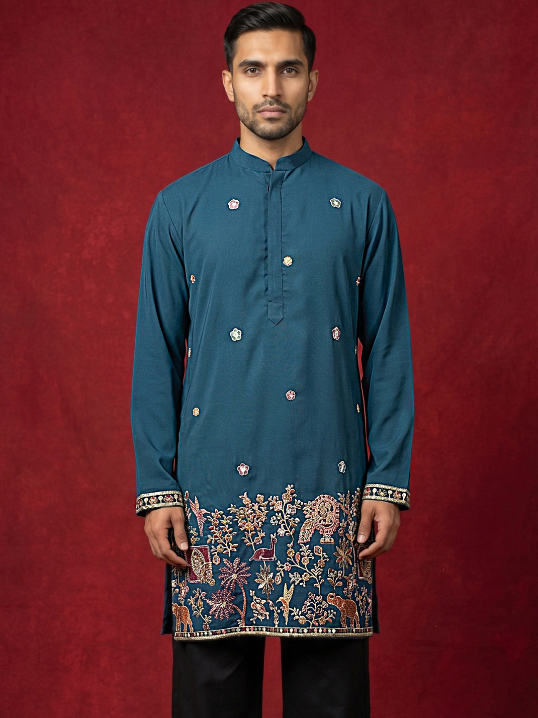 DesiQlo Men Embroidered Kurta Only - Multicolor - 65KO_5597Peacock_S