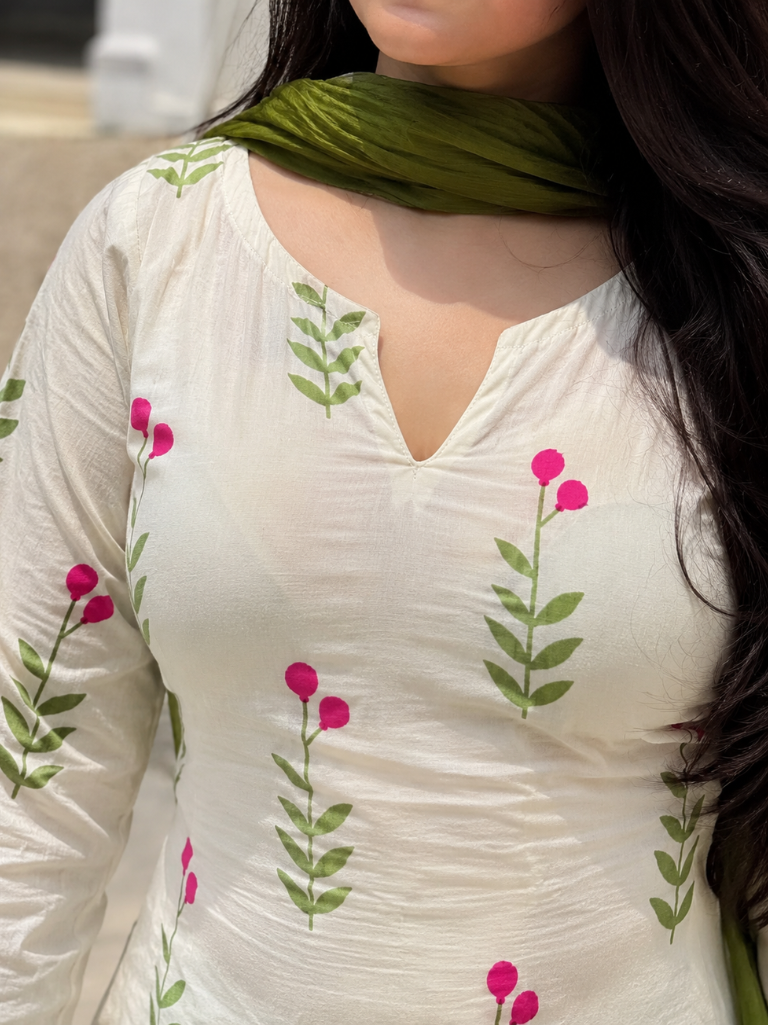 Off White Floral Printed Cotton Kurta Palazzo Set with Olive Green Dup