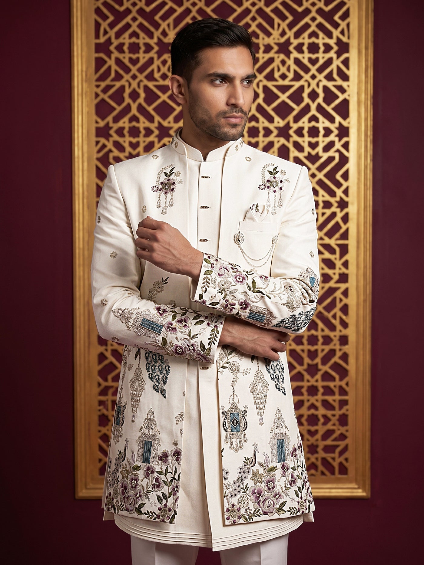 DesiQlo Men Embroidered Indo Western Set - White - 50JIND_224Off-White