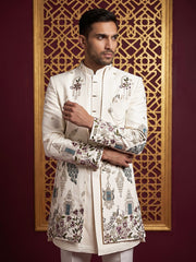 Silk Blend Peacock & Floral Embroidered Indo-Western Set ( 50JIND 224Off-White )