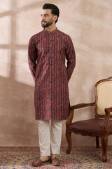 Maroon Silk Blend Printed Mandarin Collar Straight Kurta With Trouser MKSET2025