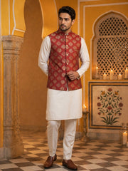 Men's Maroon Printed Nehru Jacket With Solid Kurta Pyjama ( JOKPWC 592W 4032Maroon )