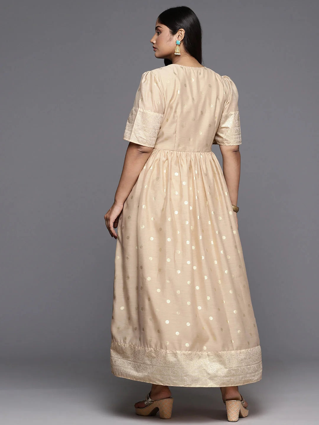 Beige Polka Dot Plus Size Maxi Dress | Indian Cotton Dresses