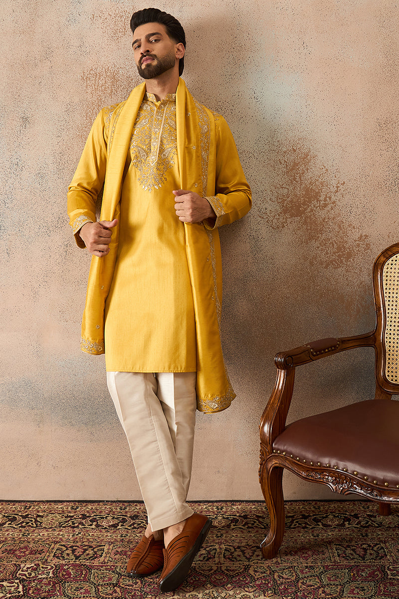 Yellow Silk Blend Embroidered Ethnic Kurta with Dupatta MKUD1023