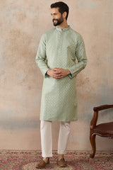 Teal Jacquard Ethnic Motifs Embroidered Kurta MKU2240