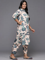 Beige & Green Floral Printed Plus Size Kurta with Trousers-AP-AHKUPZ-COMBO-598