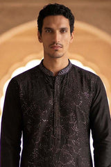 Silk Blend Black Solid Embroidered Calf Length Straight Kurta MKU2128