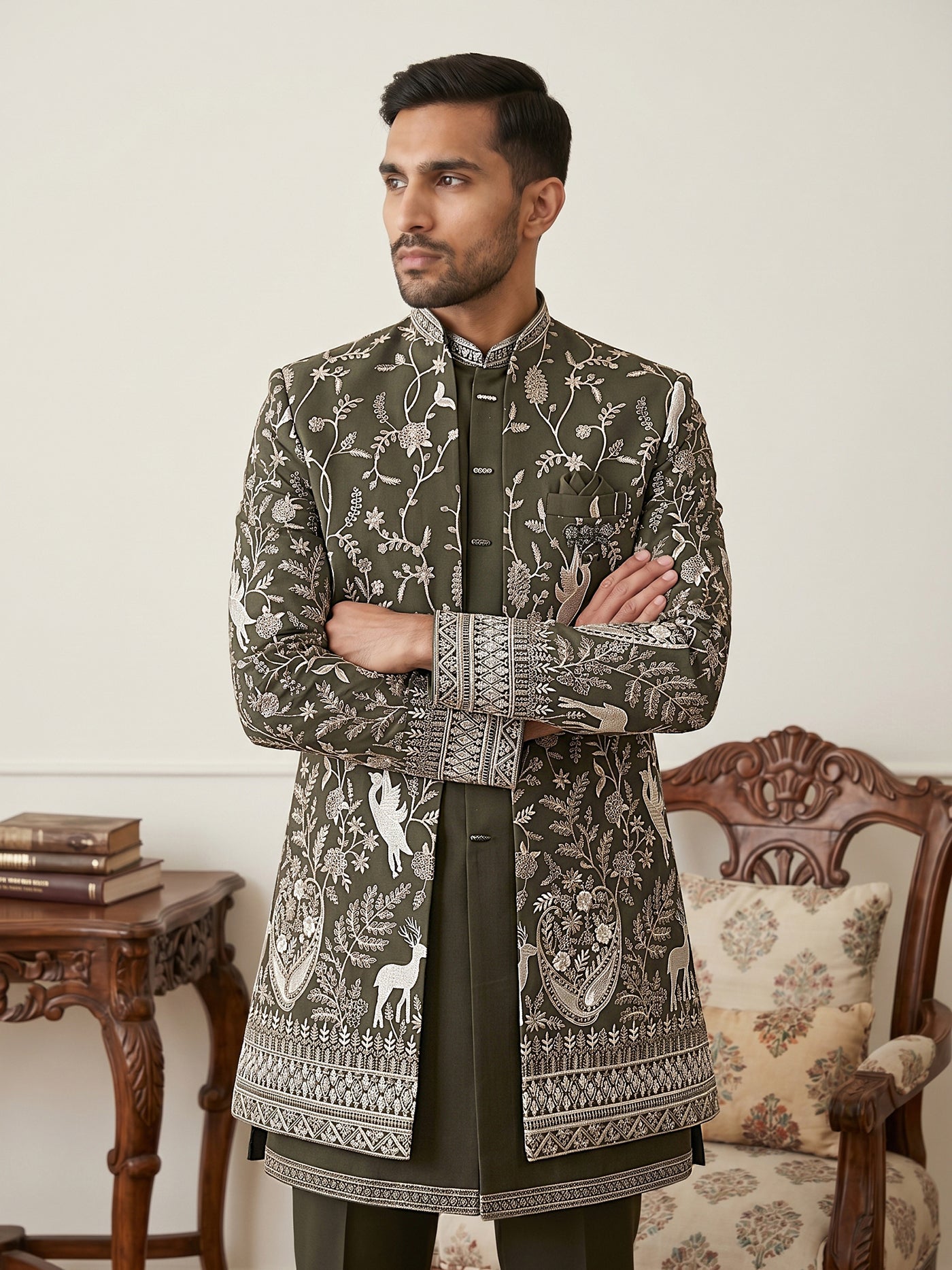 DesiQlo Men Embroidered Indo Western Set - Green - 50JIND_230Mehndi_S