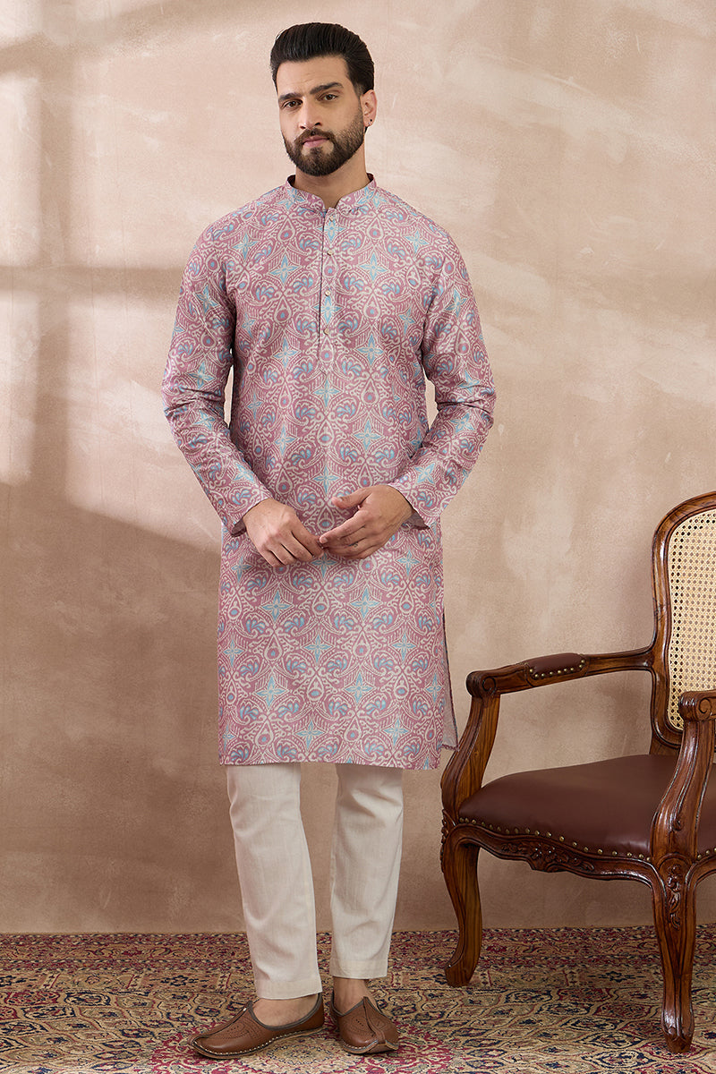 Lavender Silk Blend Printed Mandarin Collar Straight Kurta With Trouser MKSET1985