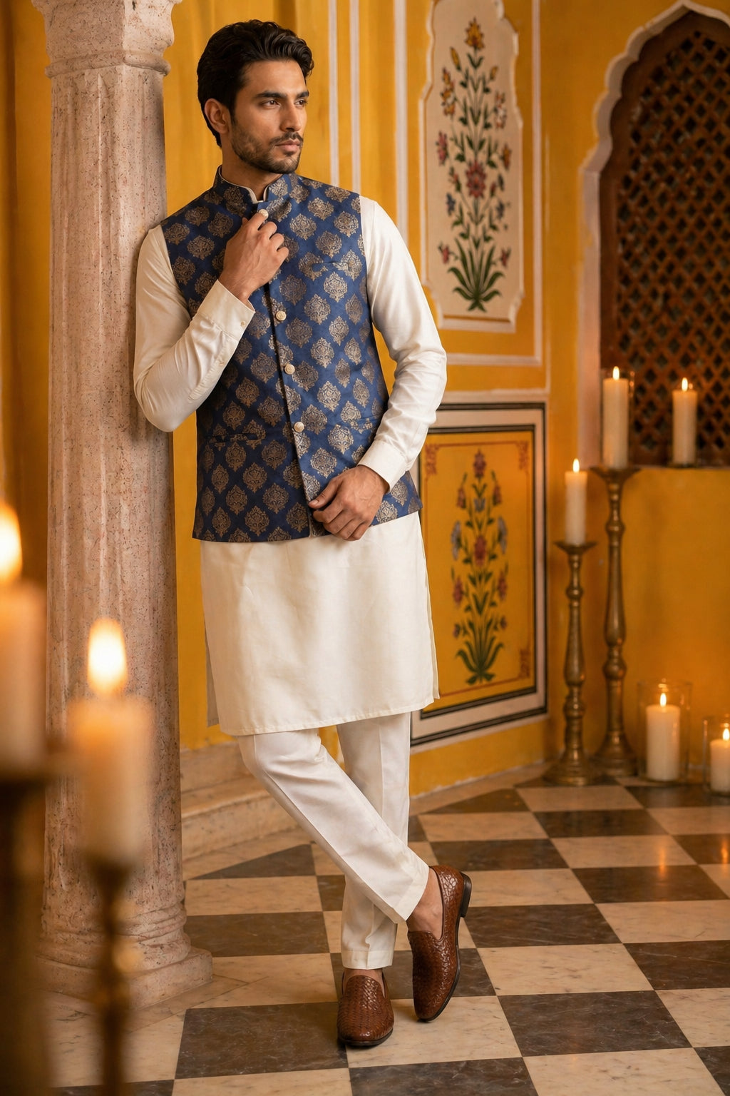 DesiQlo Men Printed Nehru Jacket and Kurta Pyjama Set - - JO 32navy