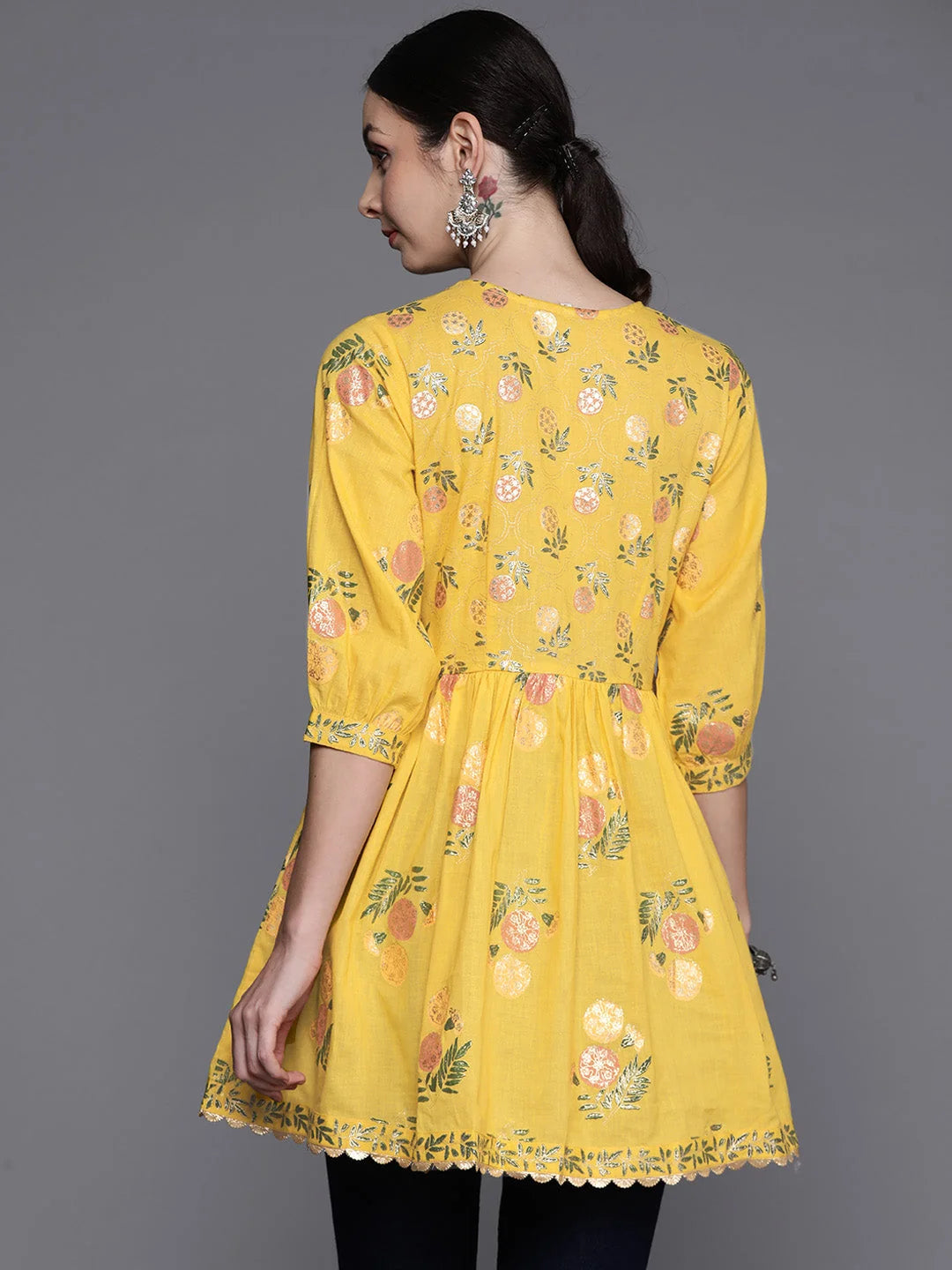 Floral Cotton Tunic Top - Mustard Yellow & Green Indian Kurtis