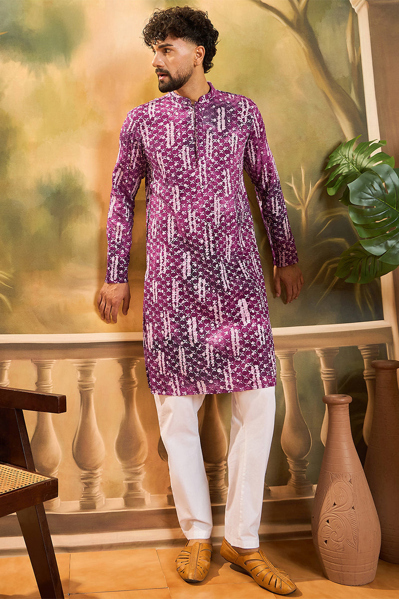 Purple Viscose Rayon Shibori Embroidered Straight Kurta MKU1478
