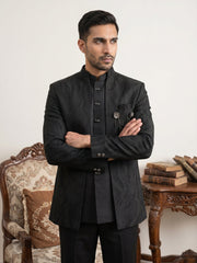 Men's Cotton Blend Embroidered Indo-Western Set ( 50JIND 218Black )