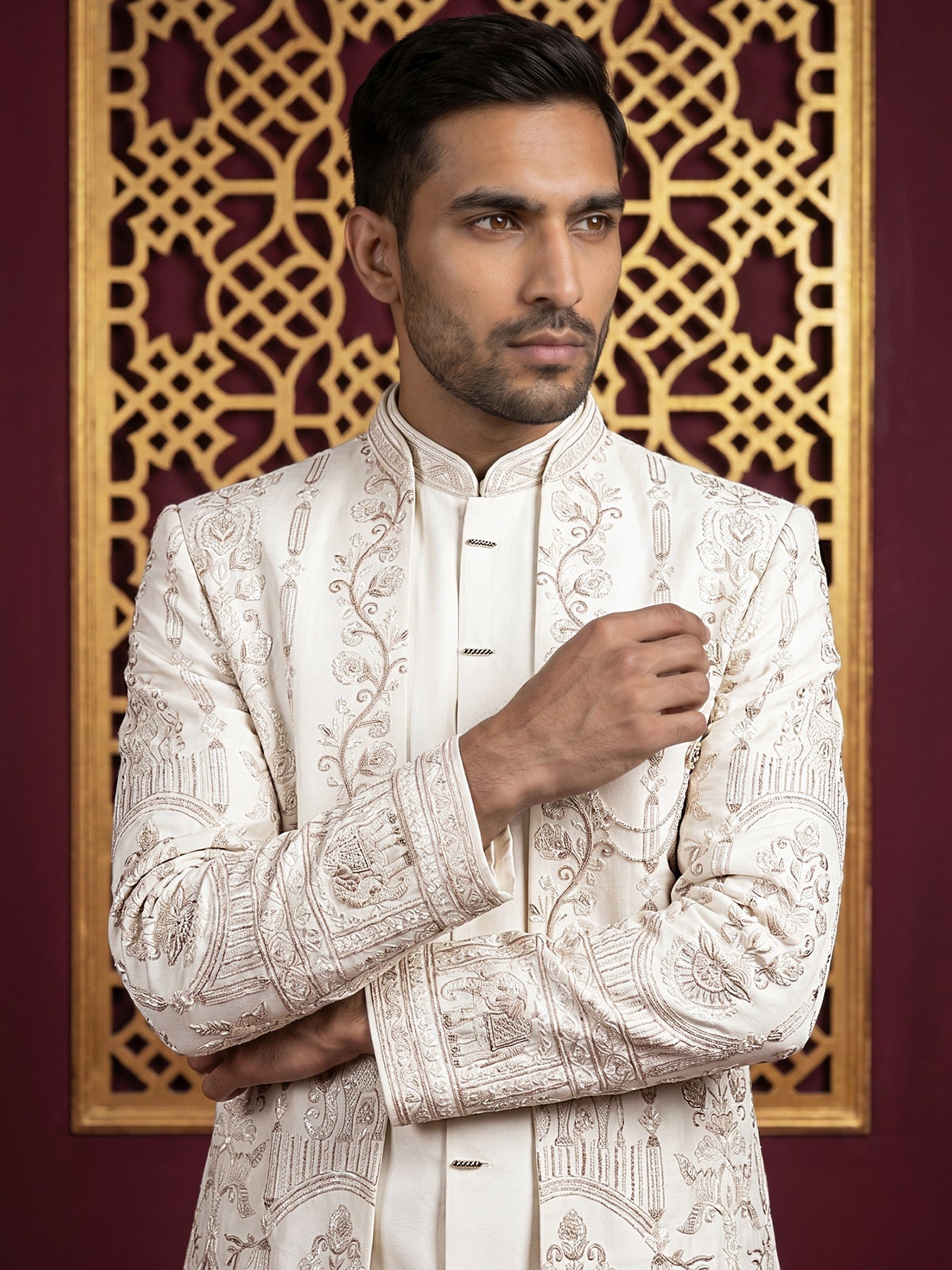 DesiQlo Men Embroidered Indo Western Set - White - 50JIND_220Off-White