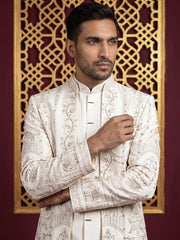 Men's Silk Blend Embroidered Indo-Western Set ( 50JIND 220Off-White )
