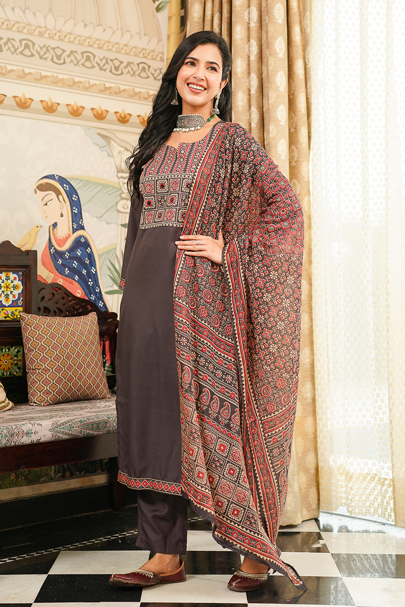 Black Rayon Blend Ajrakh Printed Straight Kurta Trousers With Dupatta PKSKD3065