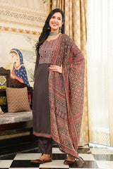 Grey Cotton Blend Ajrakh Printed Straight Kurta Trousers With Dupatta PKSKD3065