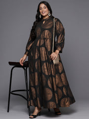 Black & Copper Printed Plus Size A-line Maxi Dress-AP-AHEDCRFP-900