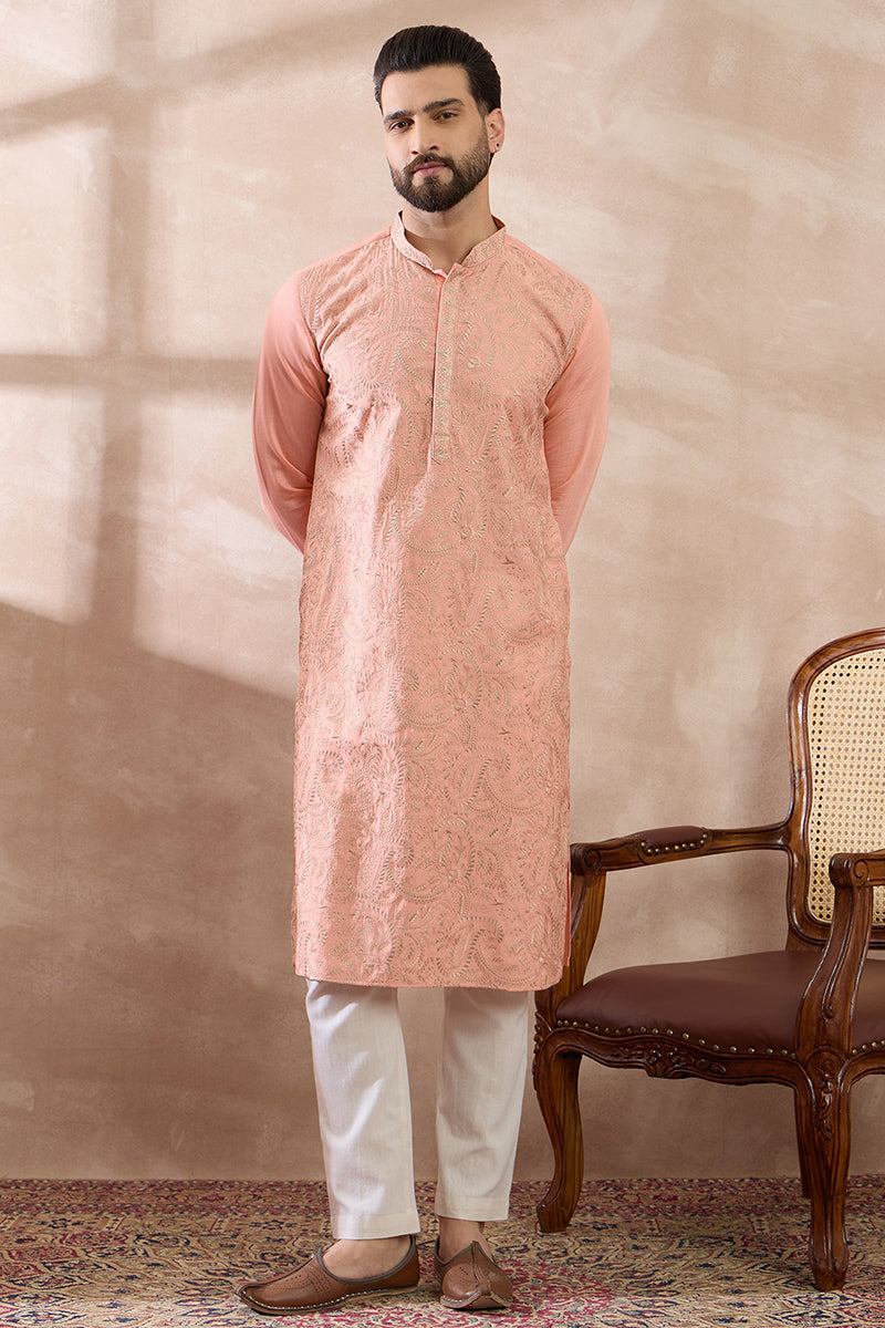 Peach Silk Blend Embroidered Mandarin Collar Straight Kurta MKU2045