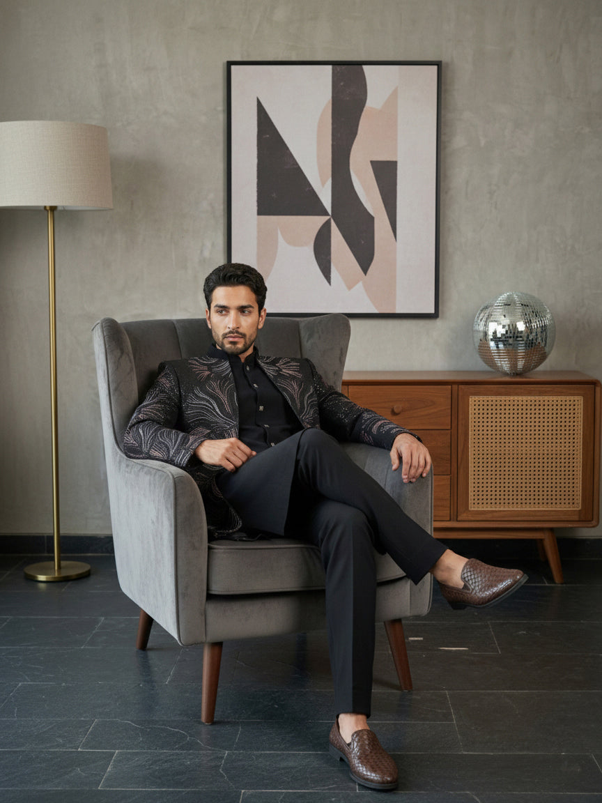 DesiQlo Men Embroidered Indo Western Set - Black - 50JIND_121Black_S