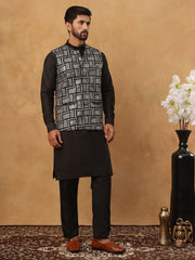 Embroidered Nehru Jacket Set with Solid Kurta Pyjama (65KPWC 592B 4150 Black )