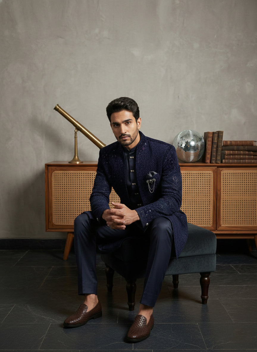 DesiQlo Men Embroidered Indo Western Set - Blue - 50JIND_130Navy_S