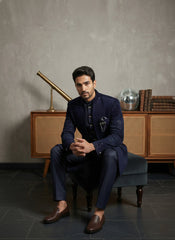 Men’s Navy Blue Embroidered Indo-Western Set ( 50JIND 130Navy S )