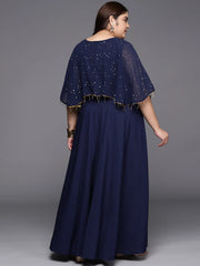 Navy Blue Plus Size Round neck Maxi Ethnic Dress-AP-AHKUCRFP-722