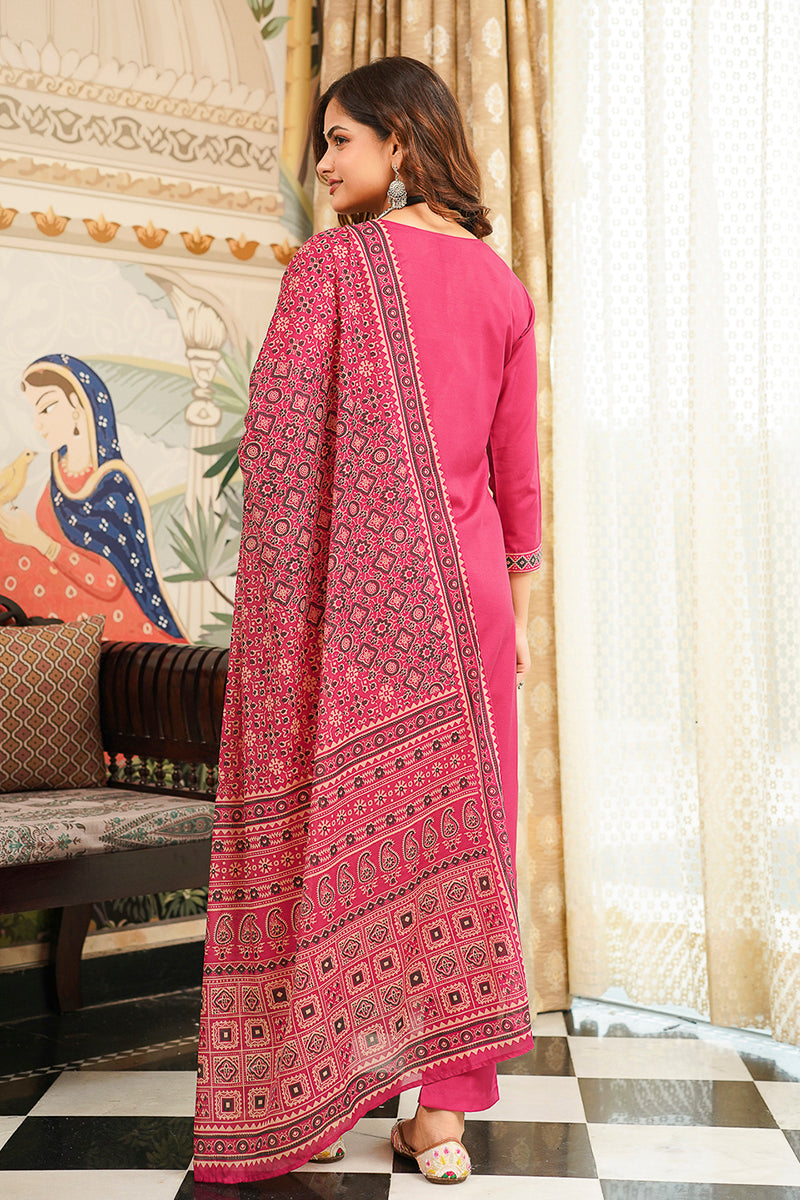 Pink Rayon Blend Ajrakh Printed Straight Kurta Trousers With Dupatta PKSKD3069