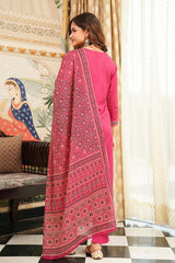 Pink Cotton Blend Ajrakh Printed Straight Kurta Trousers With Dupatta PKSKD3069