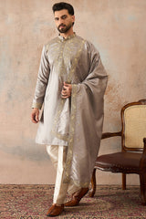Grey Silk Blend Embroidered Ethnic Kurta with Dupatta MKUD1044