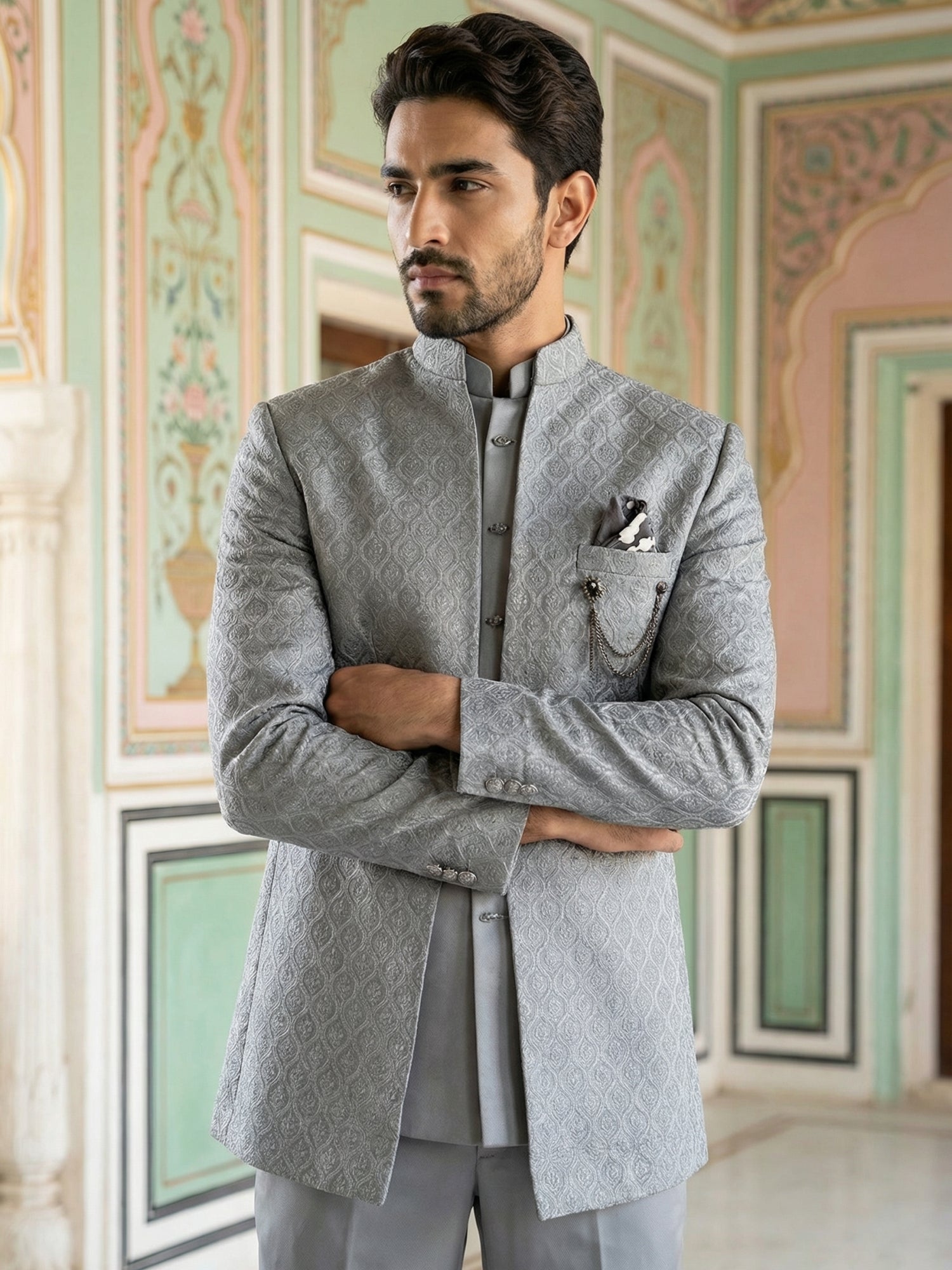 DesiQlo Men Self Design Indo Western Set - Grey - 50JIND_155Grey_S