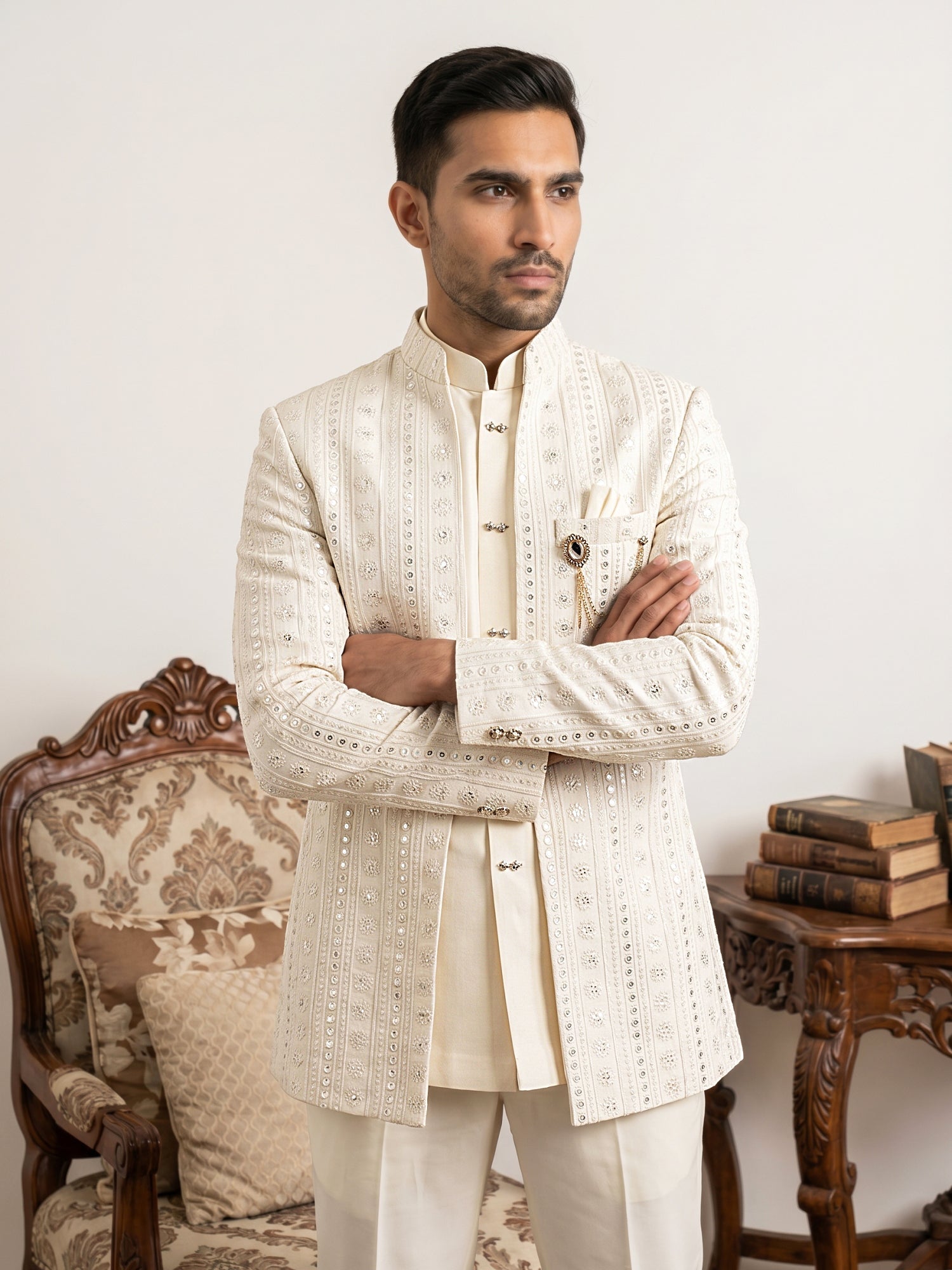 DesiQlo Men Embroidered Indo Western Set - Beige - 50JIND_226Cream_S