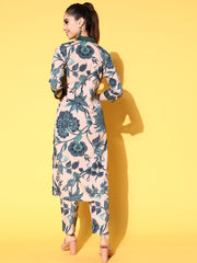Beige & Green Floral Printed Kurta with Trousers-AHKUPZ-COMBO-598