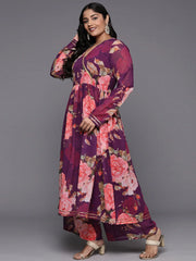 Plus Size Floral Printed Angrakha Zari Kurta with Palazzos-AP-AHKUPT-COMBO-892
