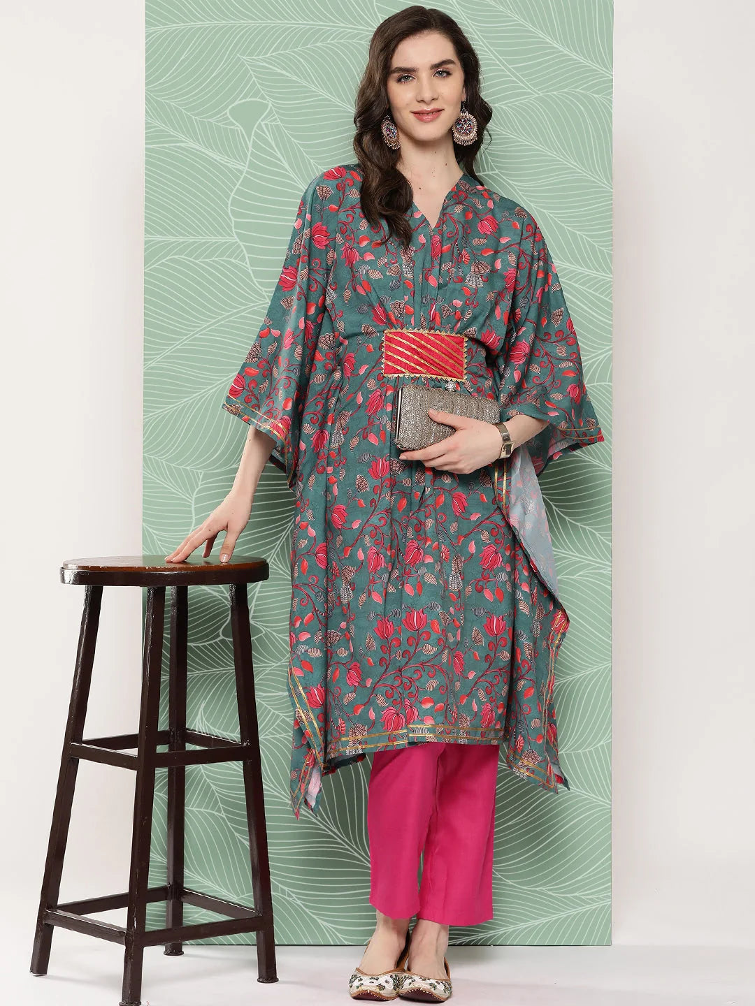 Green & Pink Floral Kaftan Kurta: Resort Wear Kaftans Online