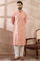 Peach Silk Blend Embroidered Mandarin Collar Straight Kurta With Trouser MKSET2045
